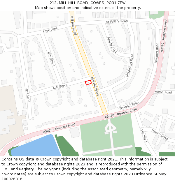 213, MILL HILL ROAD, COWES, PO31 7EW: Location map and indicative extent of plot