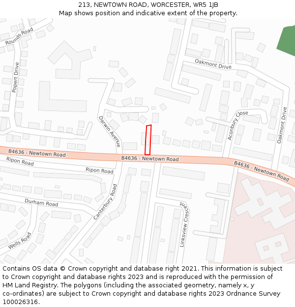 213, NEWTOWN ROAD, WORCESTER, WR5 1JB: Location map and indicative extent of plot