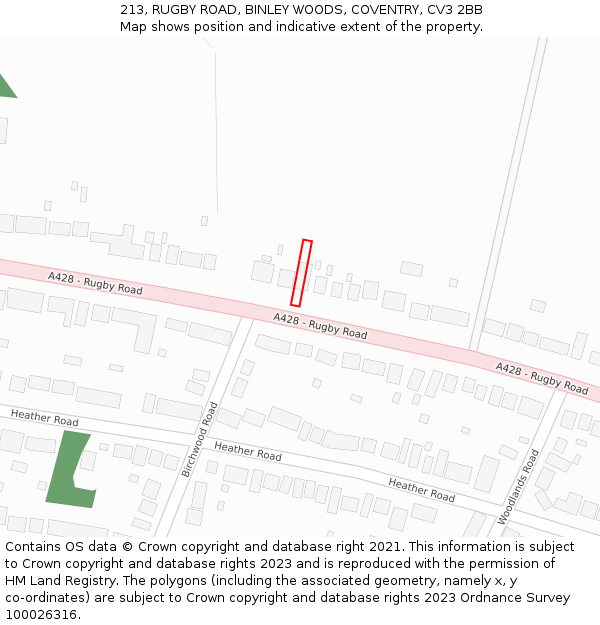 213, RUGBY ROAD, BINLEY WOODS, COVENTRY, CV3 2BB: Location map and indicative extent of plot