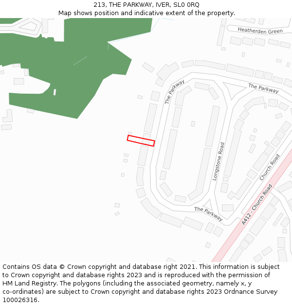 213, THE PARKWAY, IVER, SL0 0RQ: Location map and indicative extent of plot