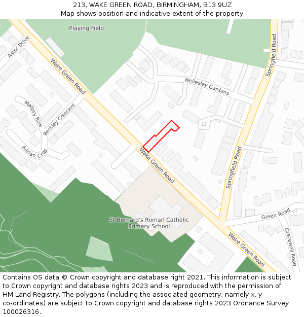 213, WAKE GREEN ROAD, BIRMINGHAM, B13 9UZ: Location map and indicative extent of plot