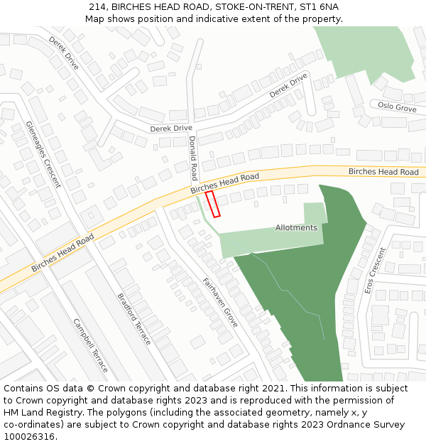 214, BIRCHES HEAD ROAD, STOKE-ON-TRENT, ST1 6NA: Location map and indicative extent of plot