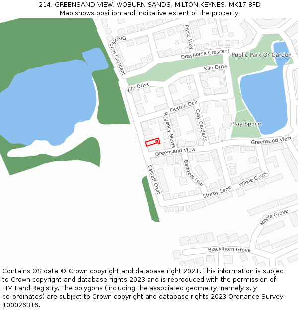 214, GREENSAND VIEW, WOBURN SANDS, MILTON KEYNES, MK17 8FD: Location map and indicative extent of plot