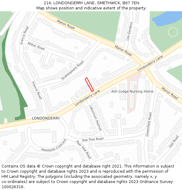 214, LONDONDERRY LANE, SMETHWICK, B67 7EN: Location map and indicative extent of plot