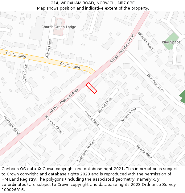 214, WROXHAM ROAD, NORWICH, NR7 8BE: Location map and indicative extent of plot