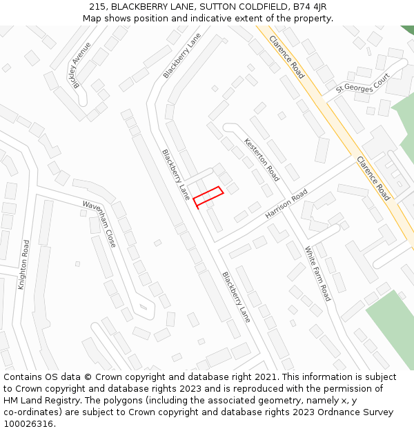 215, BLACKBERRY LANE, SUTTON COLDFIELD, B74 4JR: Location map and indicative extent of plot