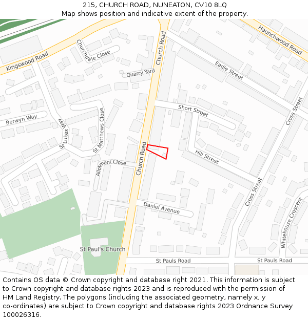 215, CHURCH ROAD, NUNEATON, CV10 8LQ: Location map and indicative extent of plot
