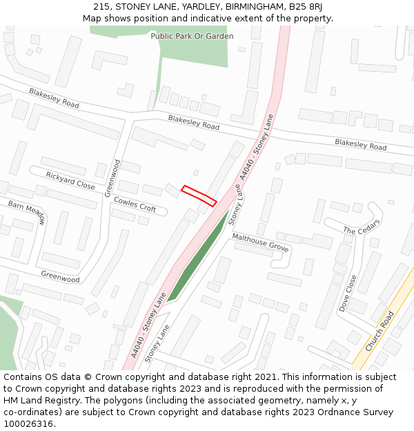 215, STONEY LANE, YARDLEY, BIRMINGHAM, B25 8RJ: Location map and indicative extent of plot