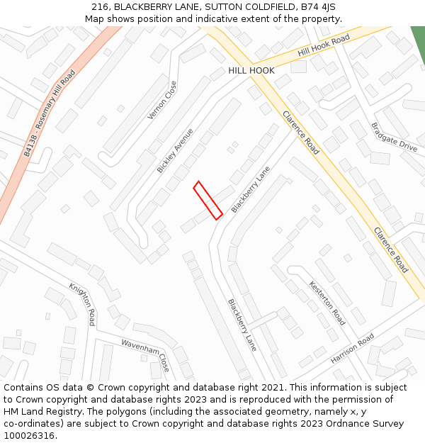 216, BLACKBERRY LANE, SUTTON COLDFIELD, B74 4JS: Location map and indicative extent of plot