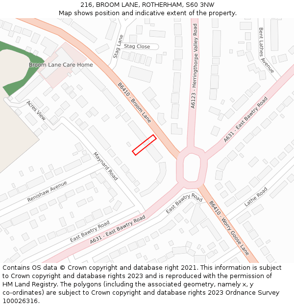 216, BROOM LANE, ROTHERHAM, S60 3NW: Location map and indicative extent of plot