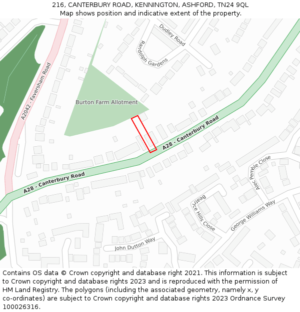 216, CANTERBURY ROAD, KENNINGTON, ASHFORD, TN24 9QL: Location map and indicative extent of plot