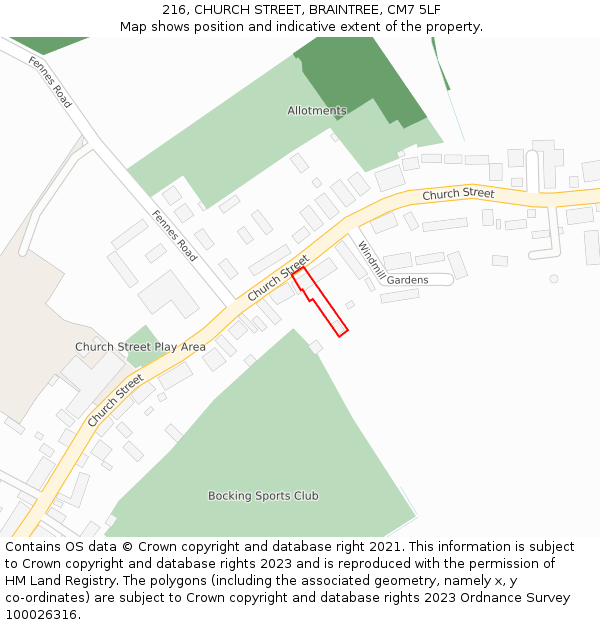 216, CHURCH STREET, BRAINTREE, CM7 5LF: Location map and indicative extent of plot