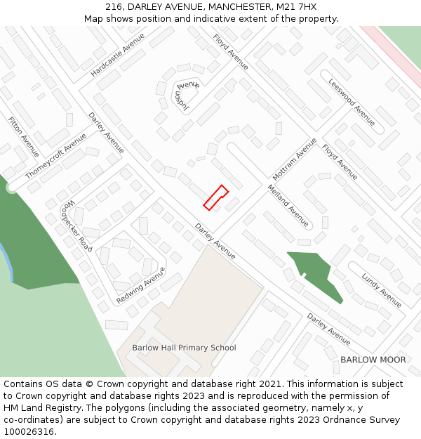 216, DARLEY AVENUE, MANCHESTER, M21 7HX: Location map and indicative extent of plot