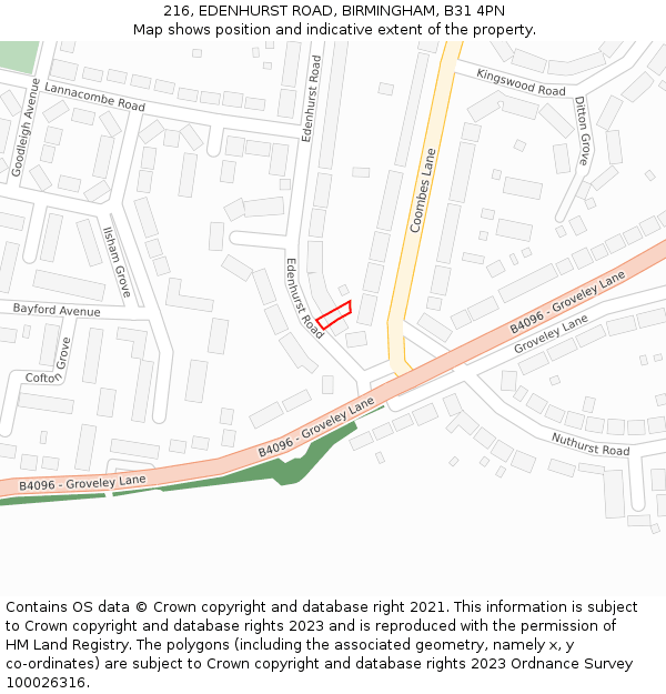 216, EDENHURST ROAD, BIRMINGHAM, B31 4PN: Location map and indicative extent of plot