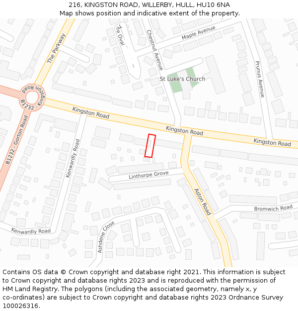 216, KINGSTON ROAD, WILLERBY, HULL, HU10 6NA: Location map and indicative extent of plot