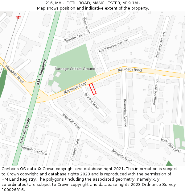 216, MAULDETH ROAD, MANCHESTER, M19 1AU: Location map and indicative extent of plot
