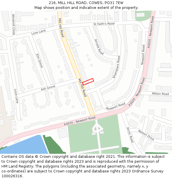 216, MILL HILL ROAD, COWES, PO31 7EW: Location map and indicative extent of plot