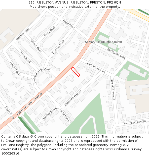 216, RIBBLETON AVENUE, RIBBLETON, PRESTON, PR2 6QN: Location map and indicative extent of plot