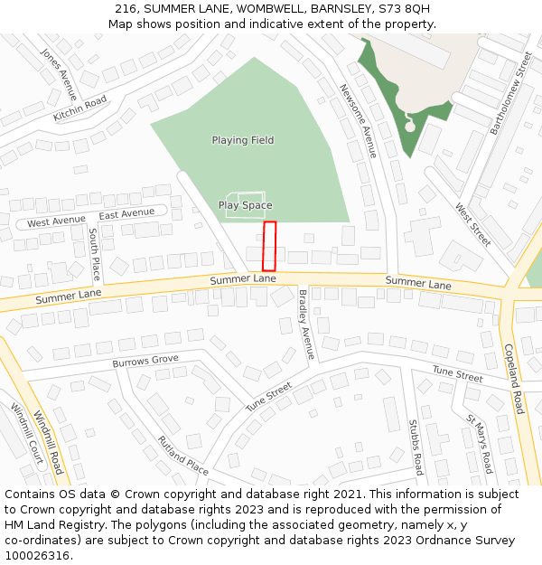 216, SUMMER LANE, WOMBWELL, BARNSLEY, S73 8QH: Location map and indicative extent of plot