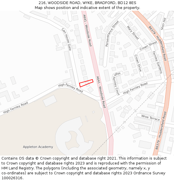 216, WOODSIDE ROAD, WYKE, BRADFORD, BD12 8ES: Location map and indicative extent of plot