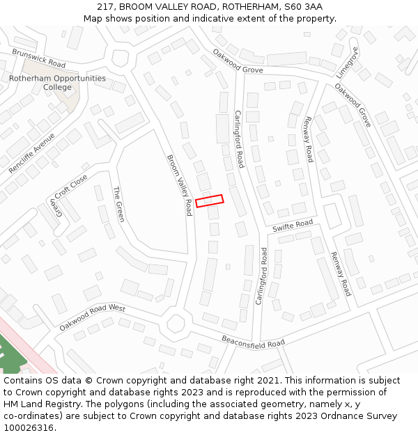 217, BROOM VALLEY ROAD, ROTHERHAM, S60 3AA: Location map and indicative extent of plot