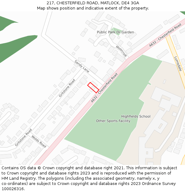 217, CHESTERFIELD ROAD, MATLOCK, DE4 3GA: Location map and indicative extent of plot
