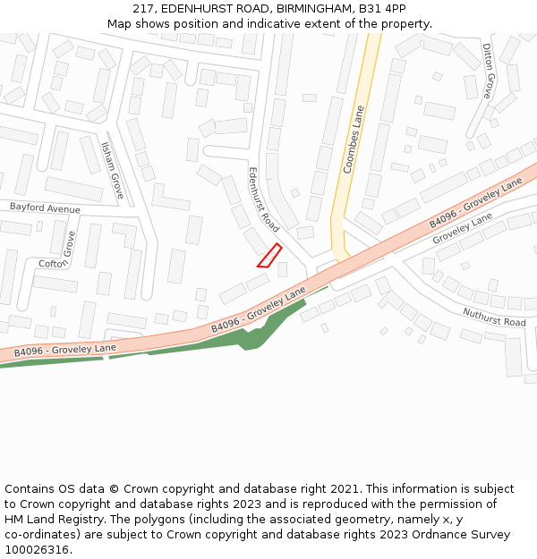 217, EDENHURST ROAD, BIRMINGHAM, B31 4PP: Location map and indicative extent of plot