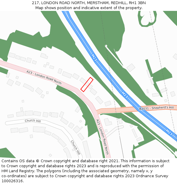 217, LONDON ROAD NORTH, MERSTHAM, REDHILL, RH1 3BN: Location map and indicative extent of plot