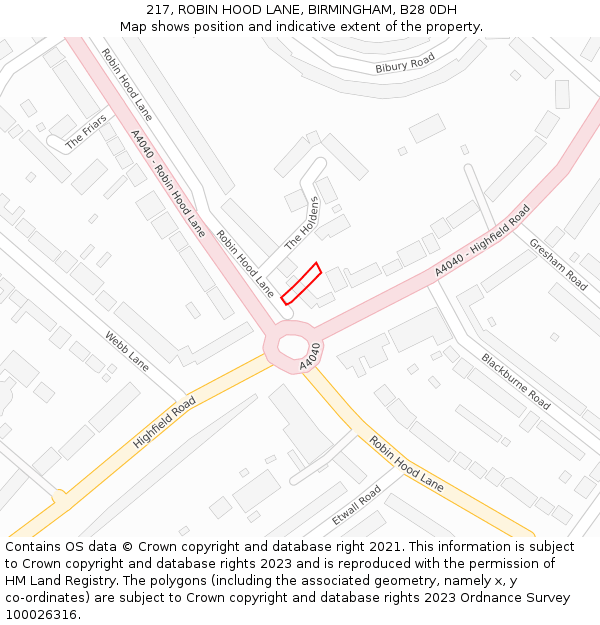 217, ROBIN HOOD LANE, BIRMINGHAM, B28 0DH: Location map and indicative extent of plot