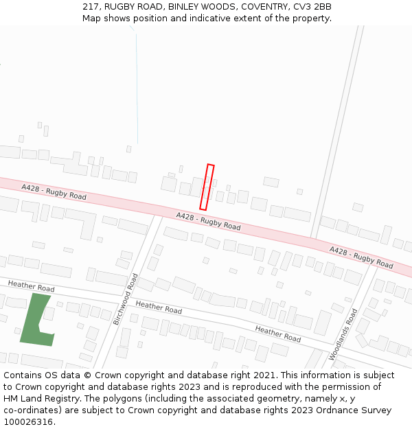 217, RUGBY ROAD, BINLEY WOODS, COVENTRY, CV3 2BB: Location map and indicative extent of plot