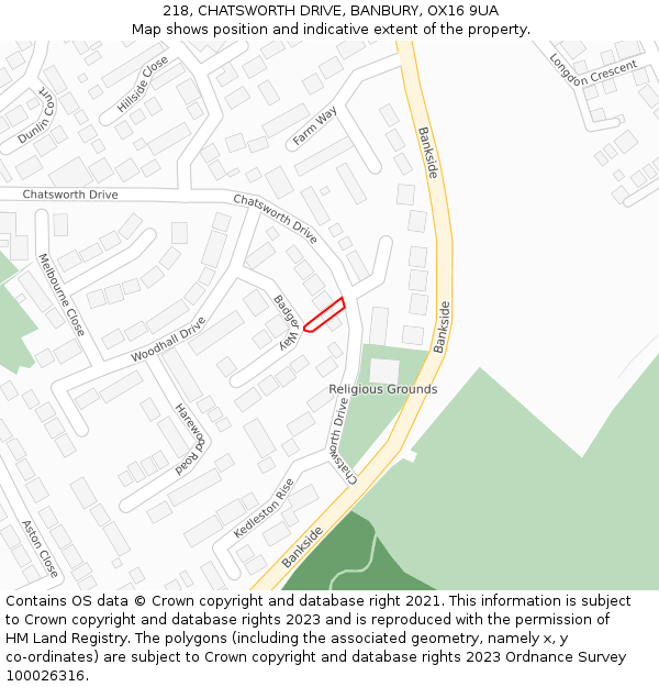 218, CHATSWORTH DRIVE, BANBURY, OX16 9UA: Location map and indicative extent of plot