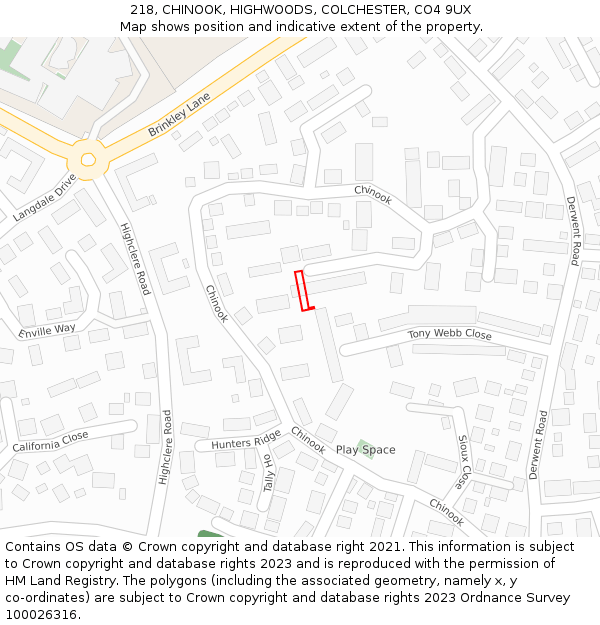 218, CHINOOK, HIGHWOODS, COLCHESTER, CO4 9UX: Location map and indicative extent of plot