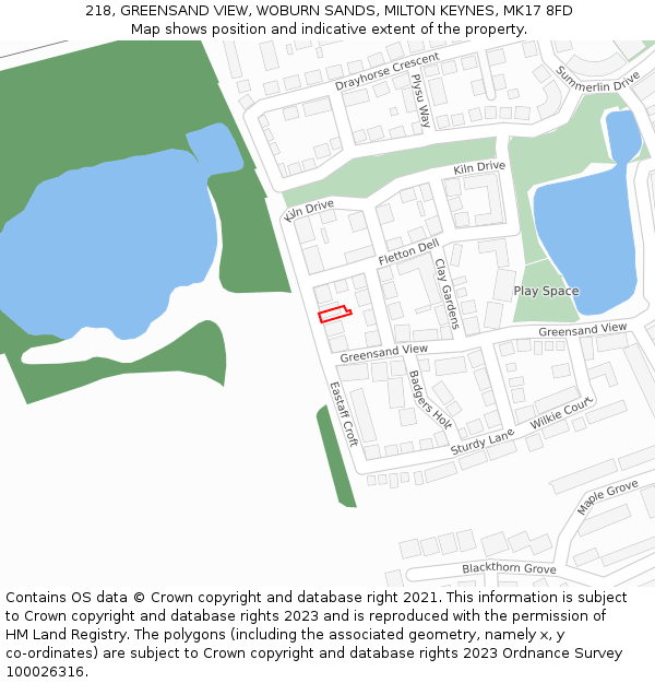 218, GREENSAND VIEW, WOBURN SANDS, MILTON KEYNES, MK17 8FD: Location map and indicative extent of plot