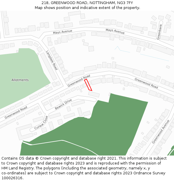 218, GREENWOOD ROAD, NOTTINGHAM, NG3 7FY: Location map and indicative extent of plot