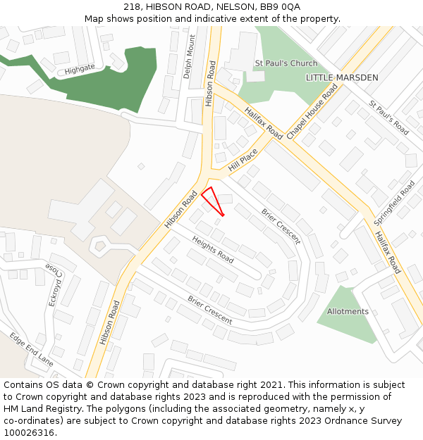 218, HIBSON ROAD, NELSON, BB9 0QA: Location map and indicative extent of plot