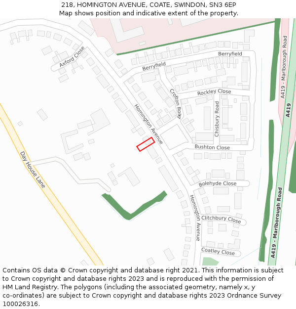218, HOMINGTON AVENUE, COATE, SWINDON, SN3 6EP: Location map and indicative extent of plot