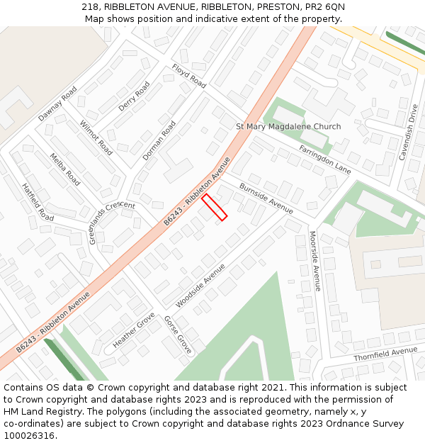 218, RIBBLETON AVENUE, RIBBLETON, PRESTON, PR2 6QN: Location map and indicative extent of plot