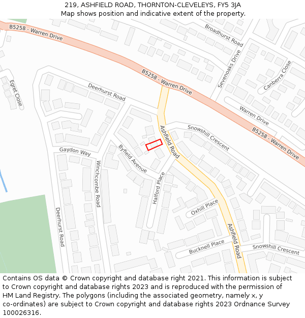 219, ASHFIELD ROAD, THORNTON-CLEVELEYS, FY5 3JA: Location map and indicative extent of plot