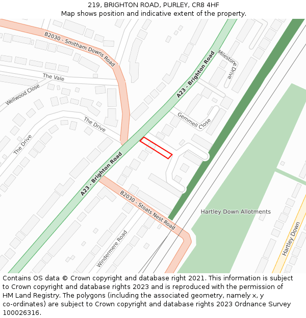 219, BRIGHTON ROAD, PURLEY, CR8 4HF: Location map and indicative extent of plot
