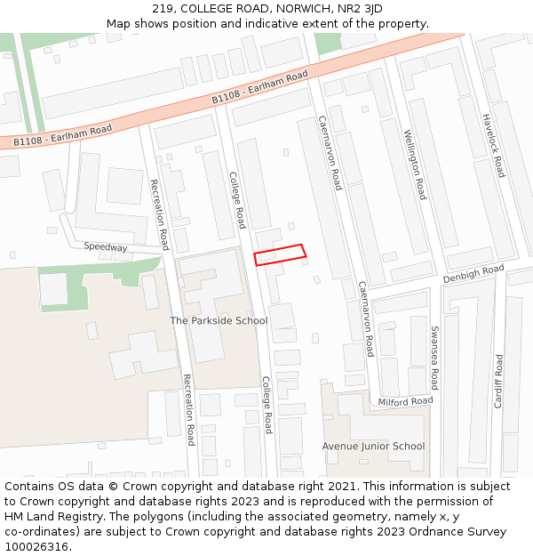 219, COLLEGE ROAD, NORWICH, NR2 3JD: Location map and indicative extent of plot