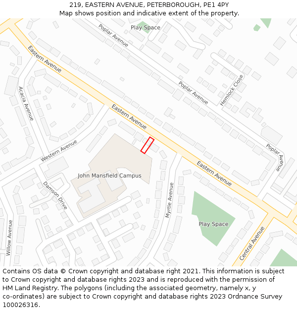 219, EASTERN AVENUE, PETERBOROUGH, PE1 4PY: Location map and indicative extent of plot