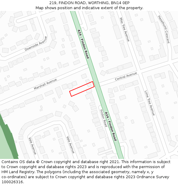 219, FINDON ROAD, WORTHING, BN14 0EP: Location map and indicative extent of plot