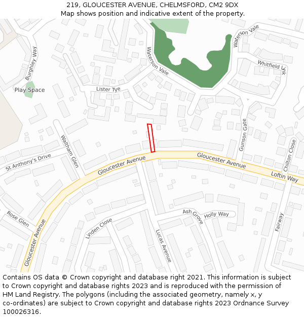 219, GLOUCESTER AVENUE, CHELMSFORD, CM2 9DX: Location map and indicative extent of plot