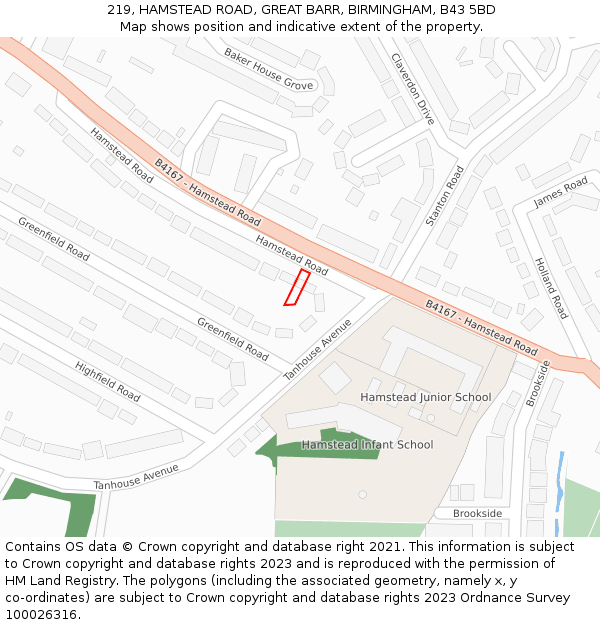 219, HAMSTEAD ROAD, GREAT BARR, BIRMINGHAM, B43 5BD: Location map and indicative extent of plot
