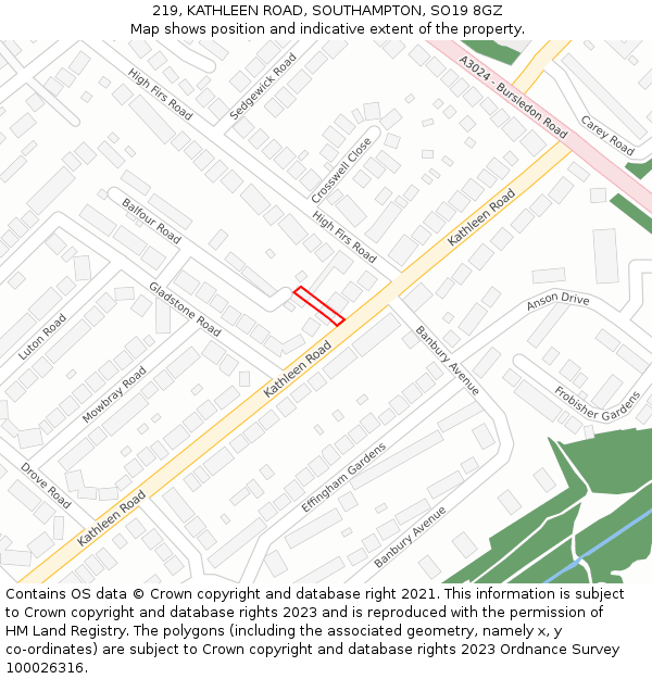 219, KATHLEEN ROAD, SOUTHAMPTON, SO19 8GZ: Location map and indicative extent of plot