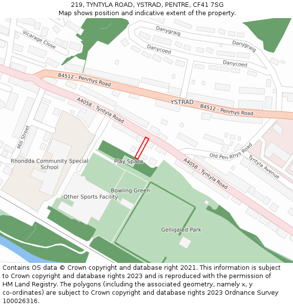 219, TYNTYLA ROAD, YSTRAD, PENTRE, CF41 7SG: Location map and indicative extent of plot