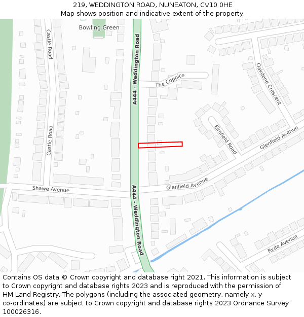 219, WEDDINGTON ROAD, NUNEATON, CV10 0HE: Location map and indicative extent of plot