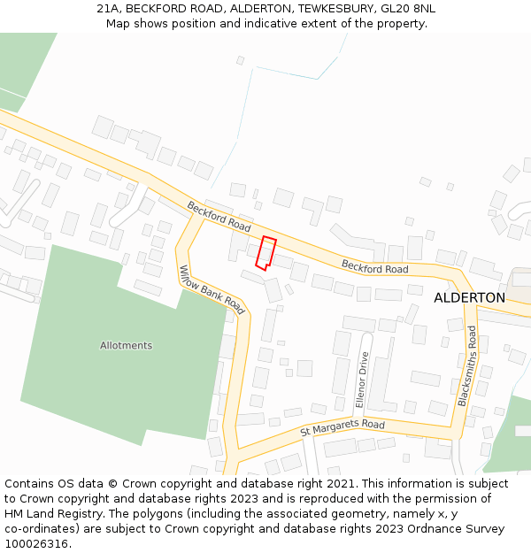 21A, BECKFORD ROAD, ALDERTON, TEWKESBURY, GL20 8NL: Location map and indicative extent of plot