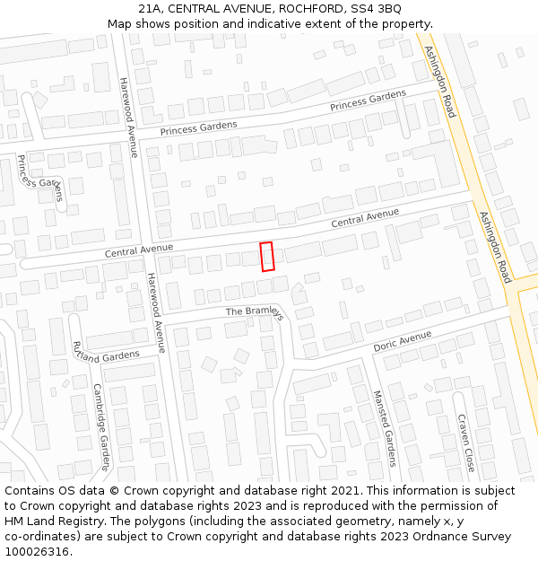 21A, CENTRAL AVENUE, ROCHFORD, SS4 3BQ: Location map and indicative extent of plot
