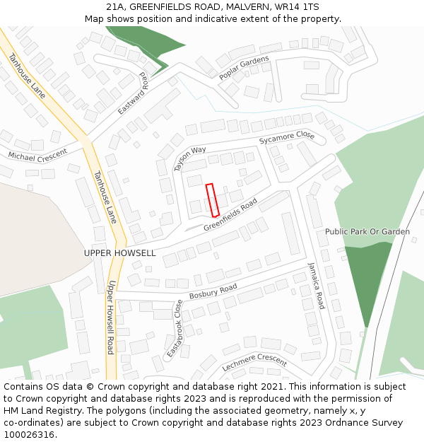 21A, GREENFIELDS ROAD, MALVERN, WR14 1TS: Location map and indicative extent of plot